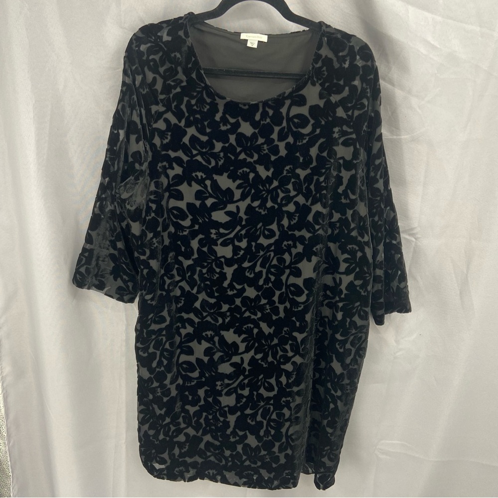 Garnet Hill Black Velvet Burnout 3/4 Sleeve Shift Dress / Tunic Size‎ 16
